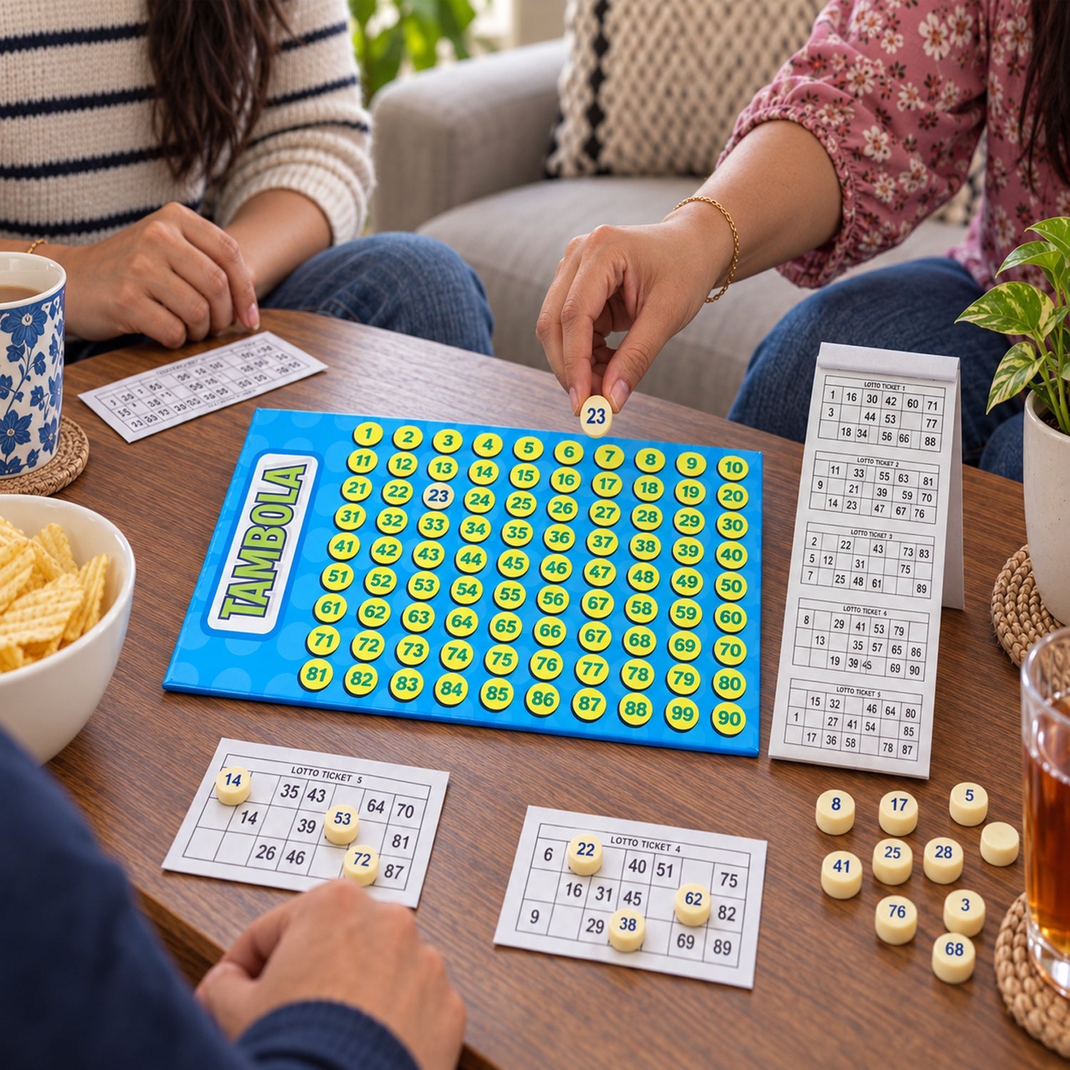 Three people play Tambola at a wooden table, with one person holding a yellow number token, and game components spread out.