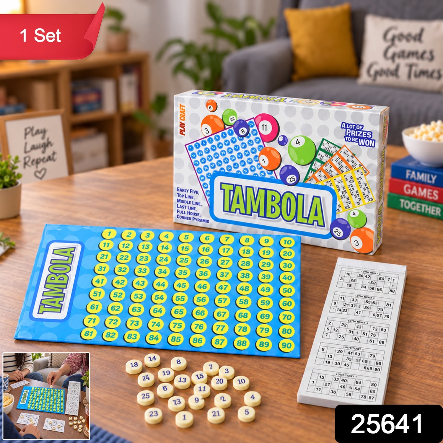 A Tambola game set is displayed on a wooden table, featuring a blue number board, yellow tokens, a ticket booklet, and the