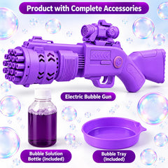 A purple bubble gun, a bottle of solution, and a tray are displayed with floating bubbles against a light background.