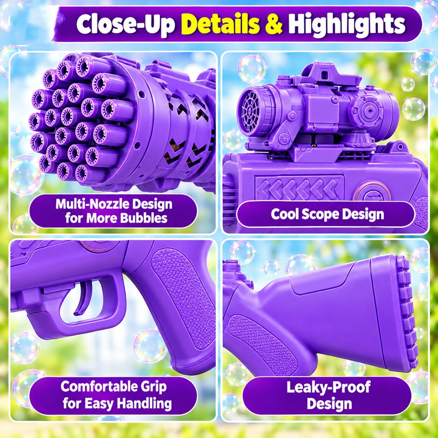 Four close-up sections highlight the purple bubble gun's multi-nozzle design, scope, comfortable grip, and leak-proof