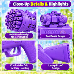Four close-up sections highlight the purple bubble gun's multi-nozzle design, scope, comfortable grip, and leak-proof
