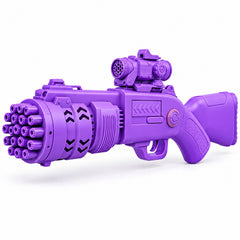 A purple plastic bubble gun with multiple nozzles and a scope attachment is shown on a plain white background.