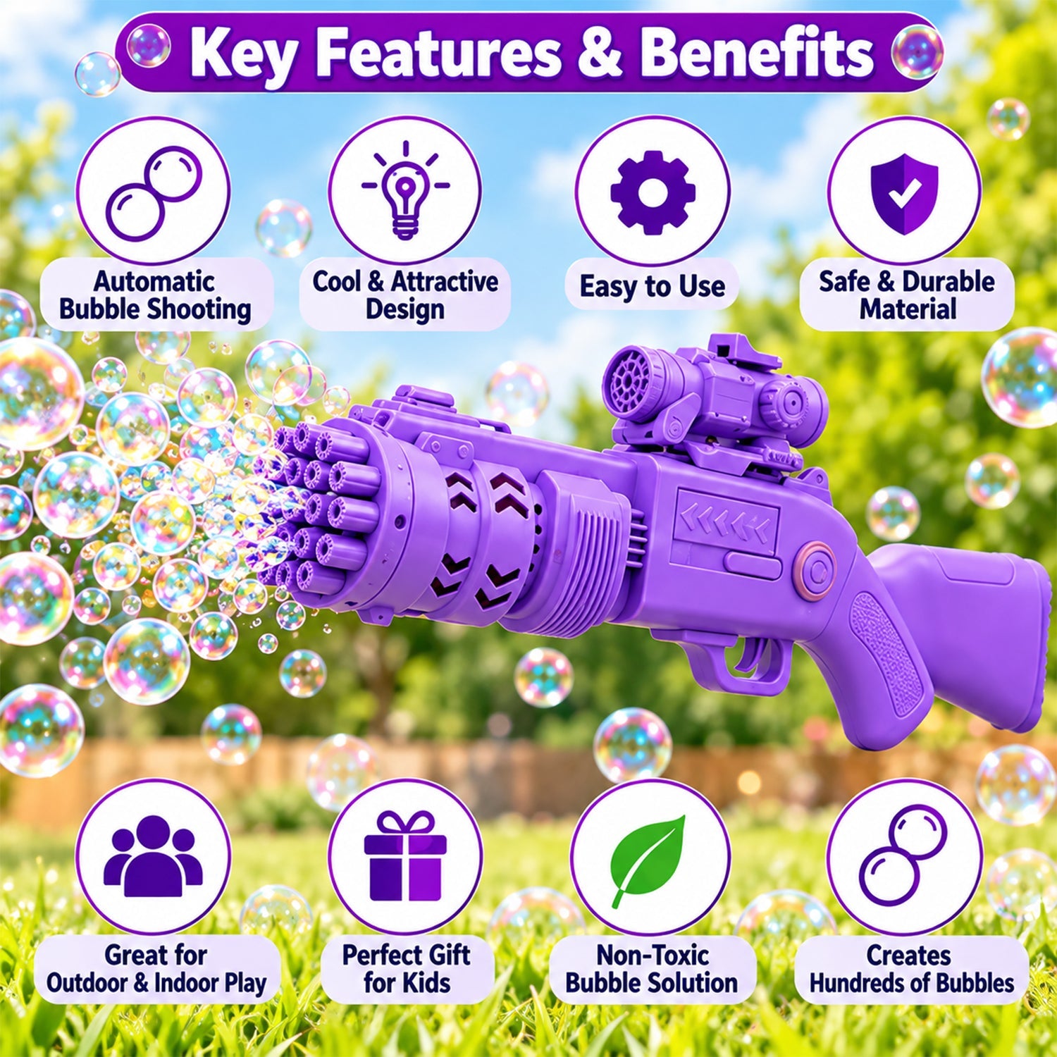 A purple bubble gun shoots numerous bubbles in an outdoor scene, surrounded by icons highlighting its features and benefits.