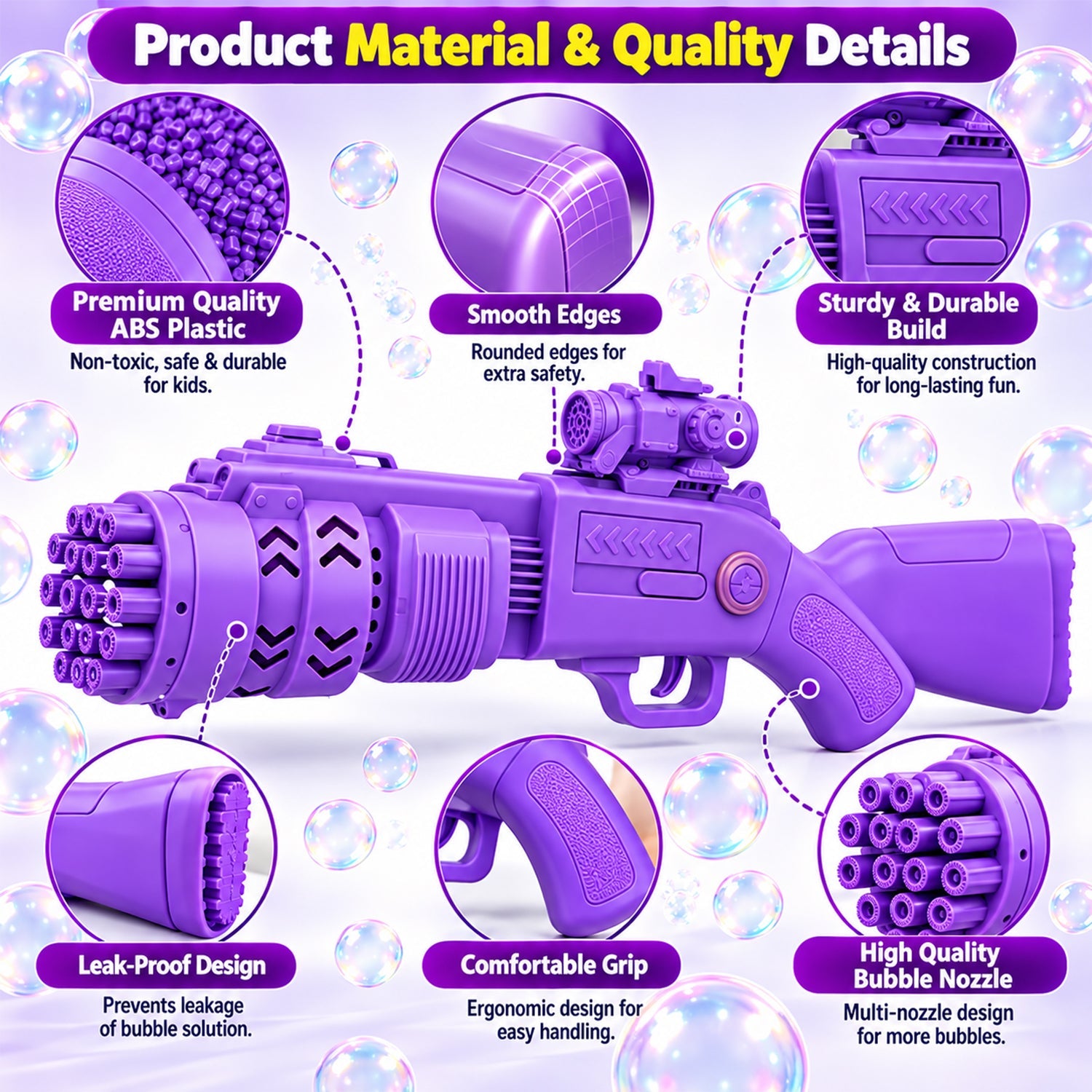 Detailed views of the purple bubble gun's plastic material, smooth edges, sturdy build, comfortable grip, and multi-nozzle