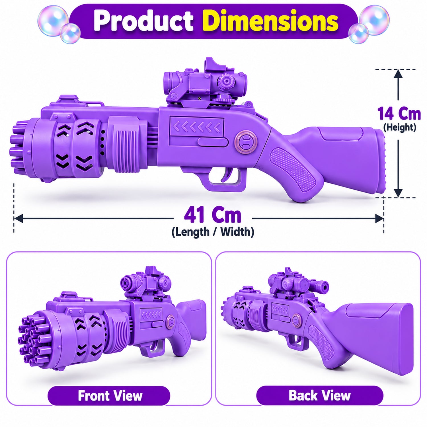 A purple bubble gun with dimensions of 41 cm length and 14 cm height, shown from front and back views.