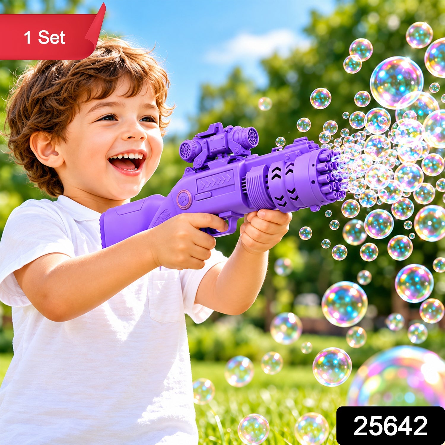 A happy child holds a vibrant purple bubble gun, releasing a stream of iridescent bubbles into a sunny outdoor setting.