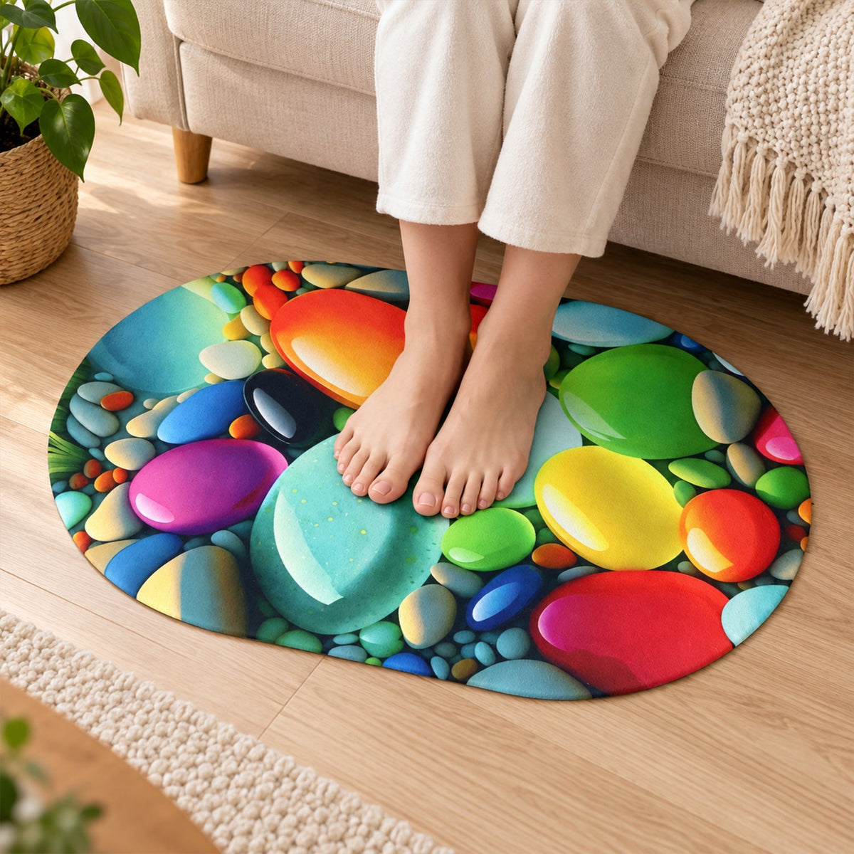 Bare feet standing on an oval mat with a vibrant, glossy pebble pattern in various bright colors.