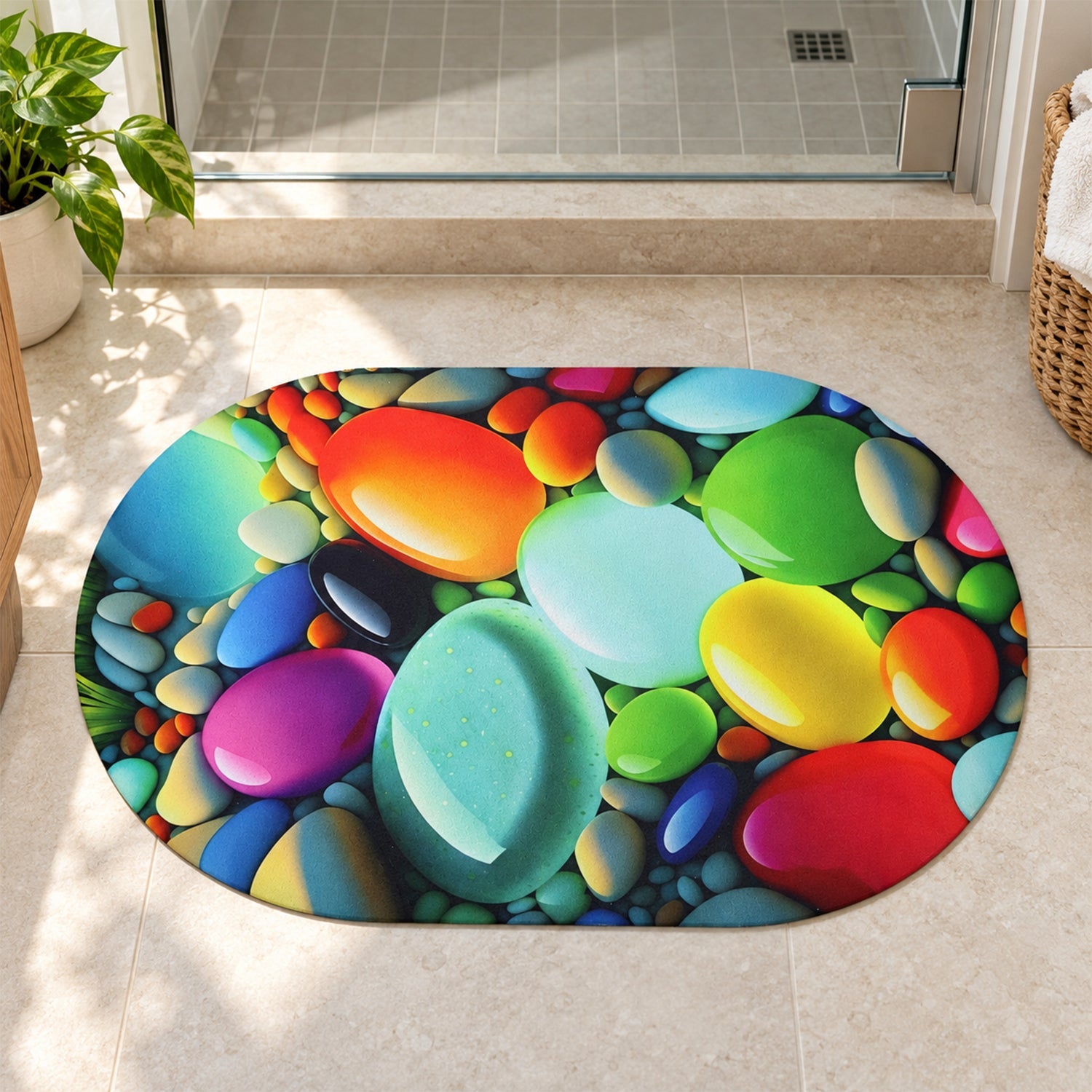 An oval mat with a bright, glossy pebble design on a tiled bathroom floor near a shower enclosure.