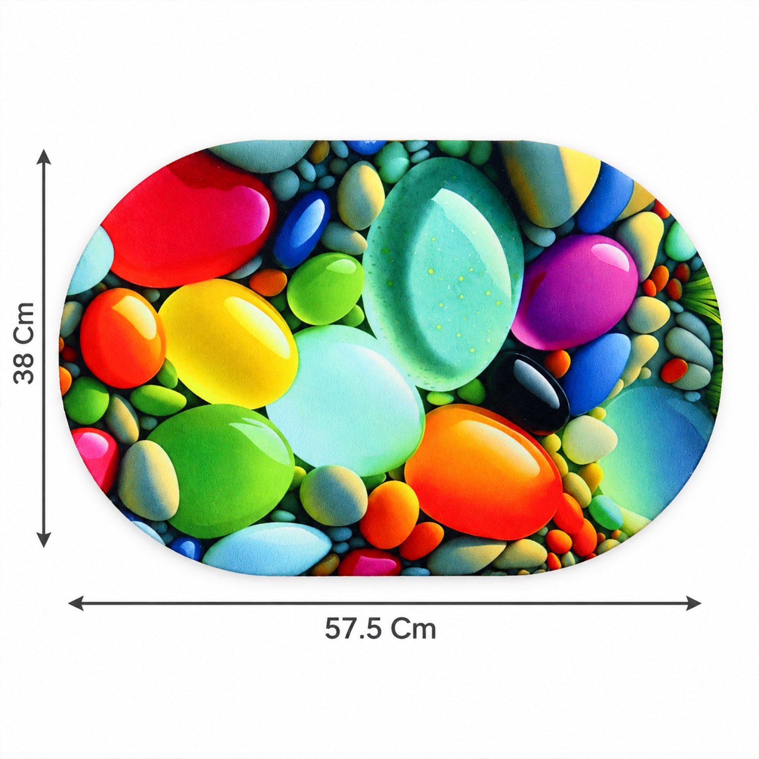 An oval mat with a colorful pebble pattern, displaying its dimensions of 57.5 cm by 38 cm.