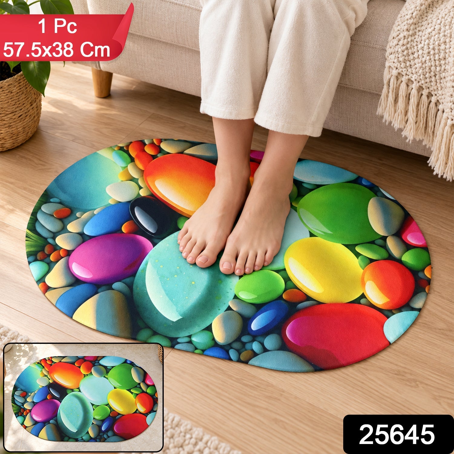 An oval mat with a colorful pebble design, featuring a small inset of the mat and product labels.