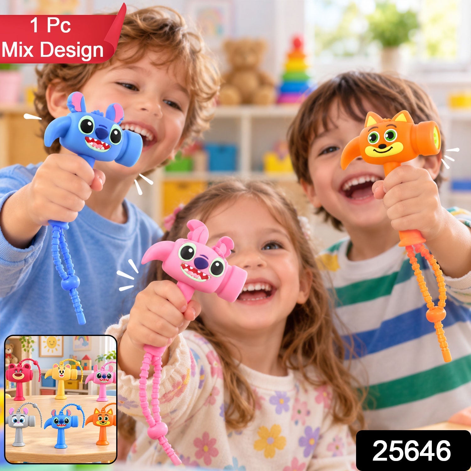 Three happy children hold up blue, pink, and orange cartoon character hammer keychains, with a small inset showing all six