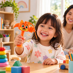 A young girl with a wide smile holds an orange cartoon fox hammer keychain, surrounded by colorful wooden toys.