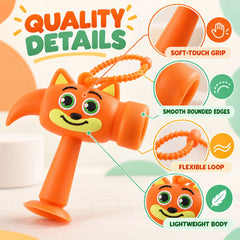 Close-up of an orange cartoon fox hammer keychain, highlighting its soft-touch grip, smooth edges, flexible loop, and