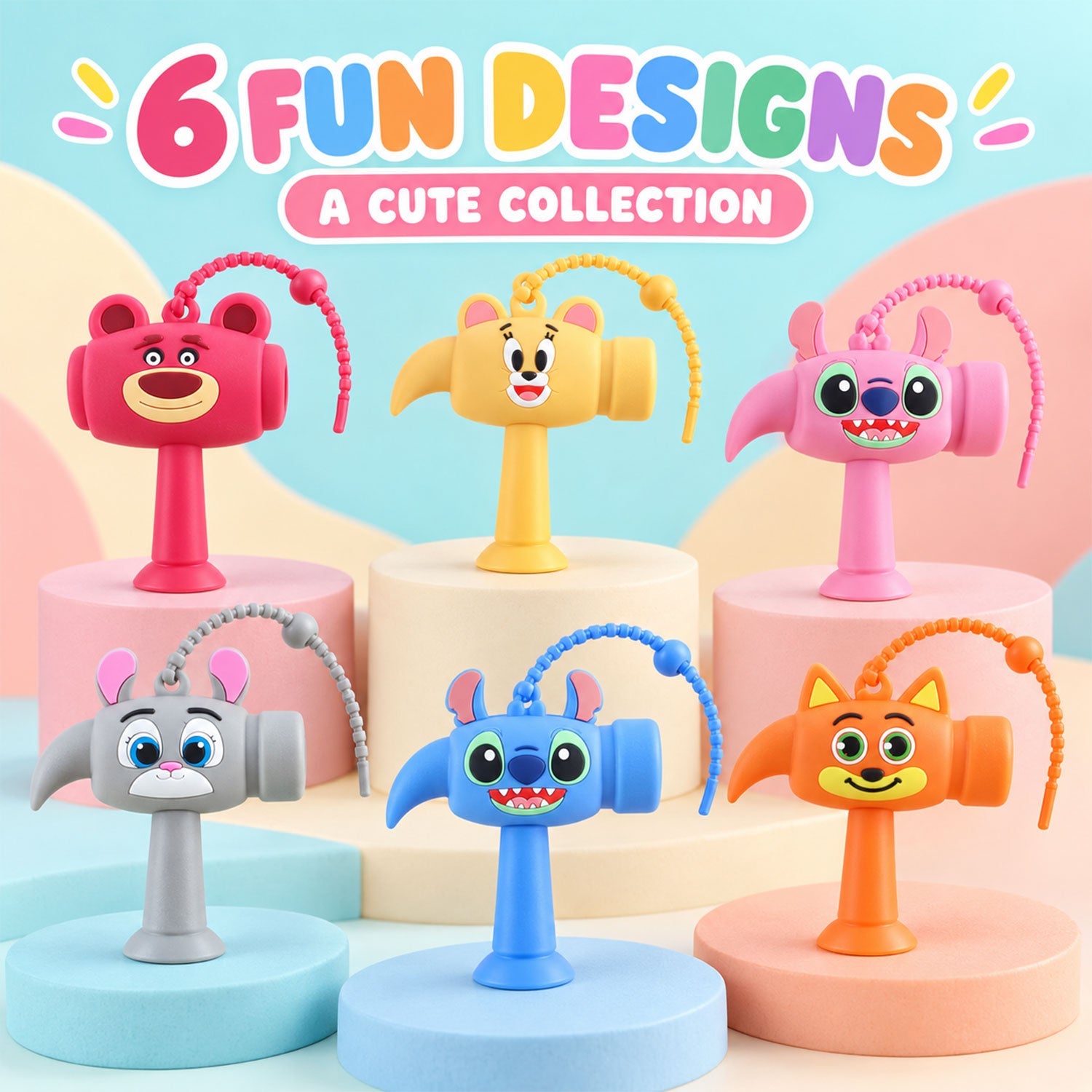 Six different cartoon character hammer keychains in various colors, including red, yellow, pink, gray, blue, and orange,