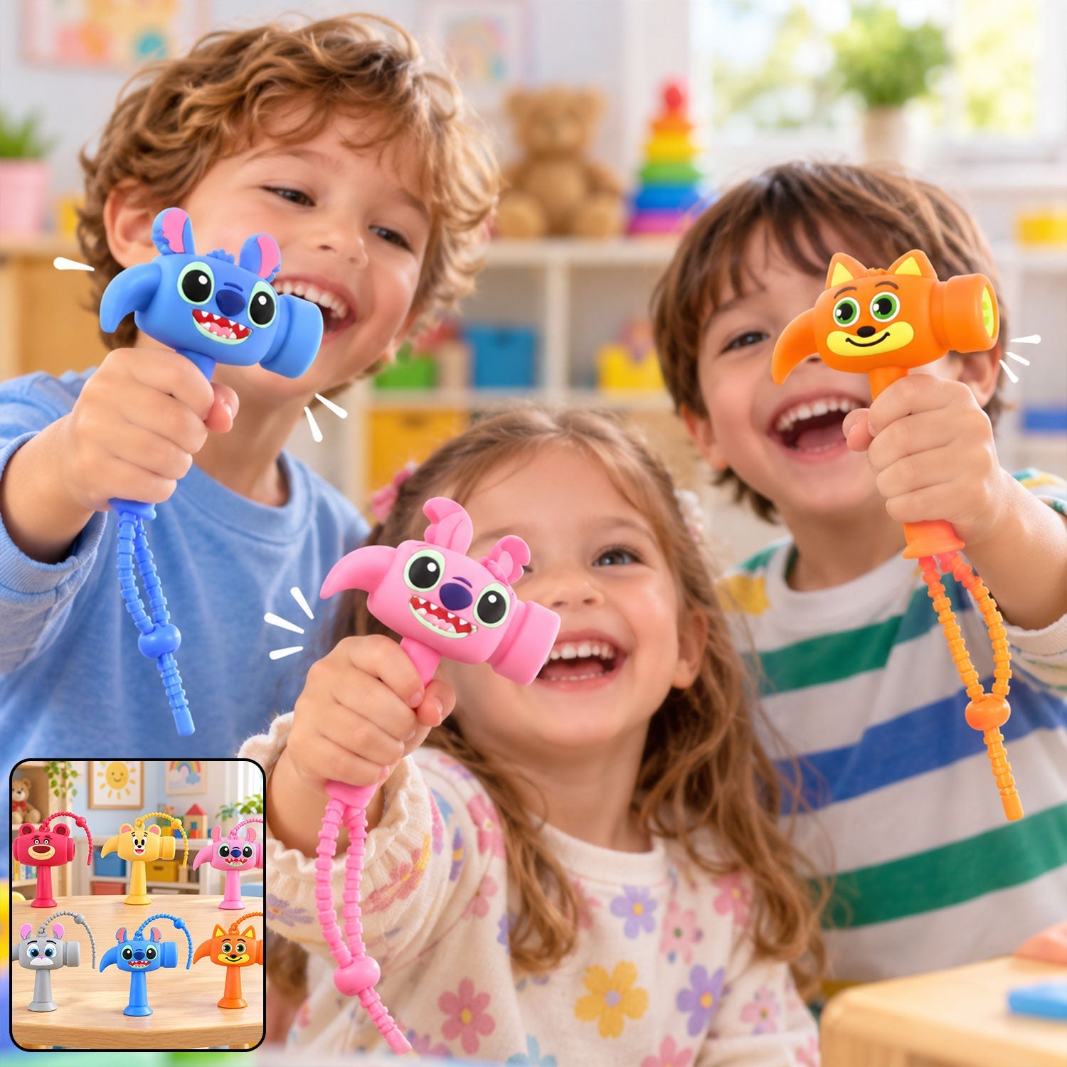 Three smiling children hold up blue, pink, and orange cartoon character hammer keychains, with an inset showing all six