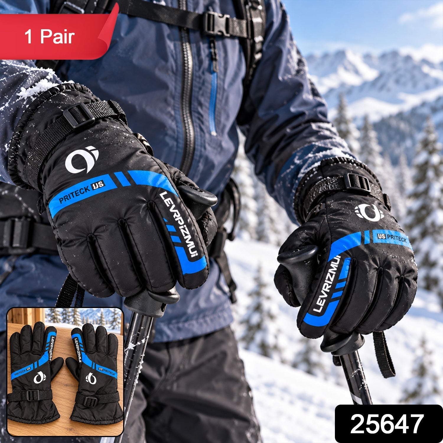 A person wearing black and blue winter gloves holding ski poles with a small inset showing the gloves laid flat.