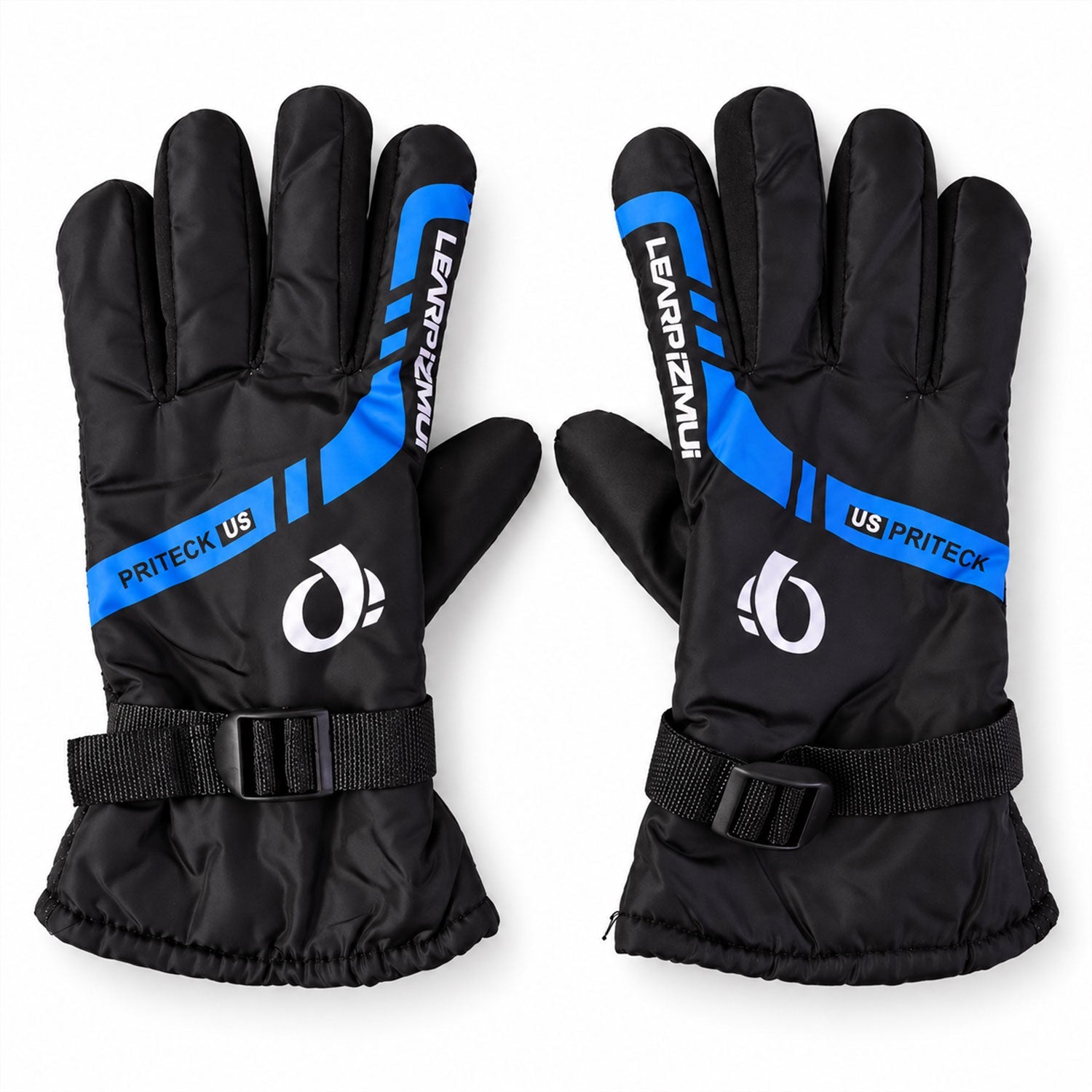 A pair of black and blue winter gloves, with white logos and blue stripes, laid flat on a white surface.