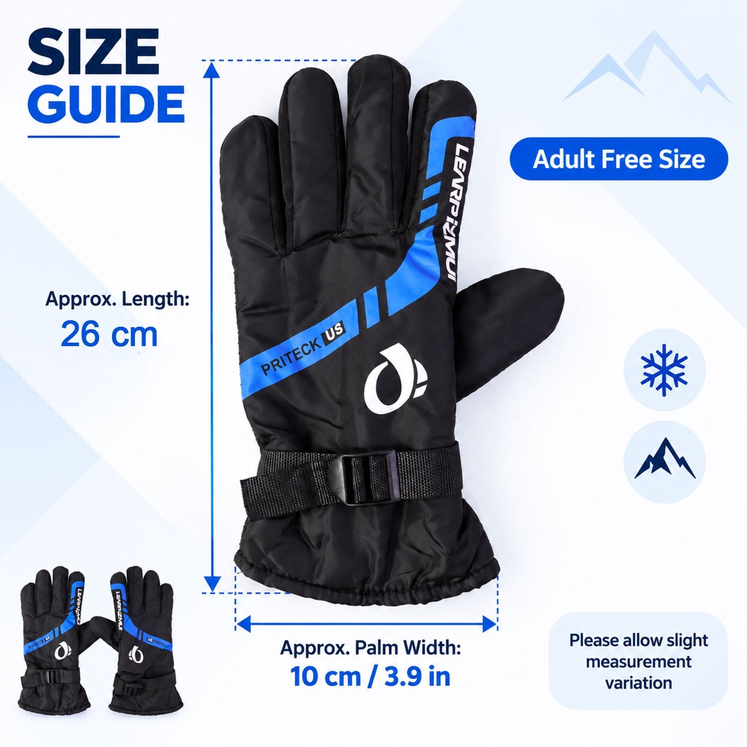 A black and blue winter glove with a size guide indicating approximate length of 26 cm and palm width of 10 cm.