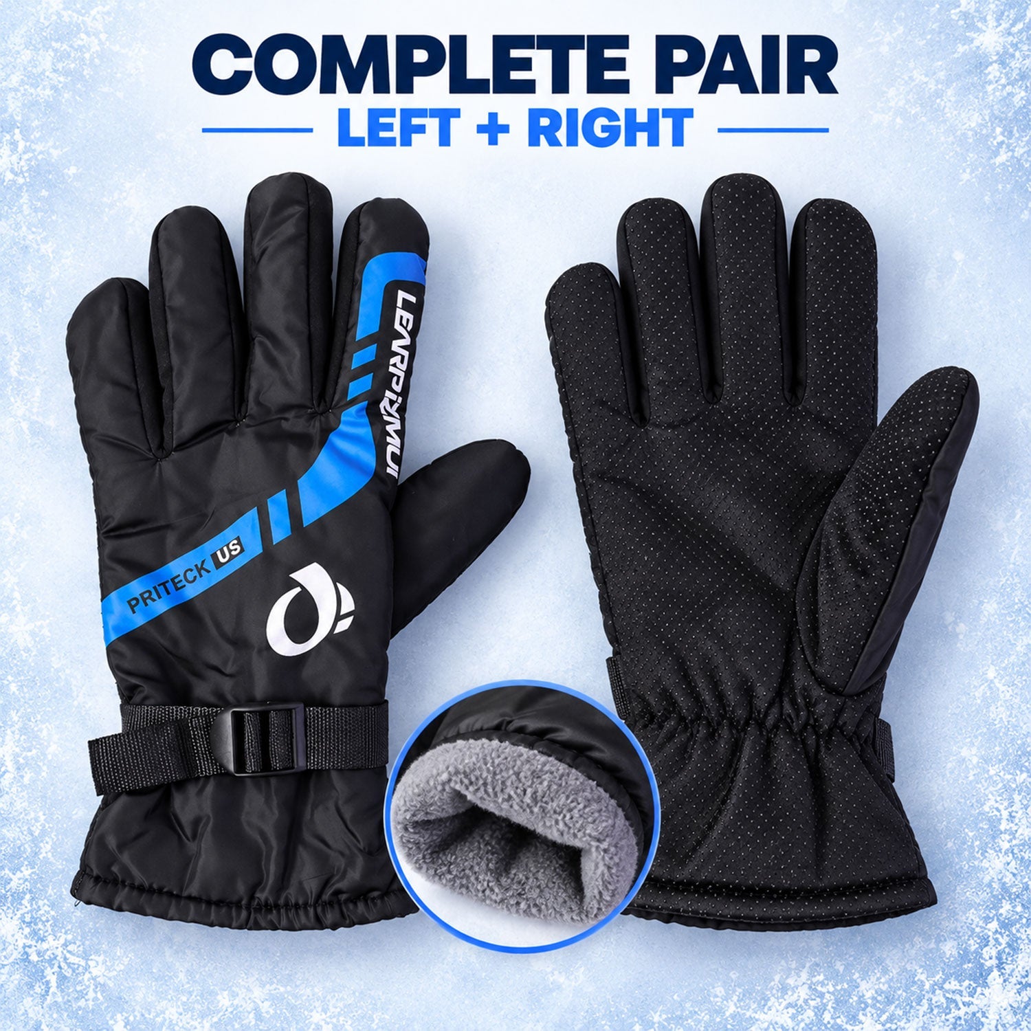 A pair of black winter gloves, one showing the back with blue stripes and the other showing the textured palm, with a fleece