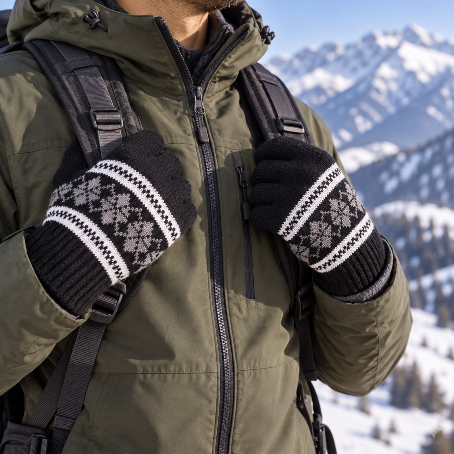 Person wearing black knitted gloves with white and gray snowflake pattern, hiking in snowy mountains.