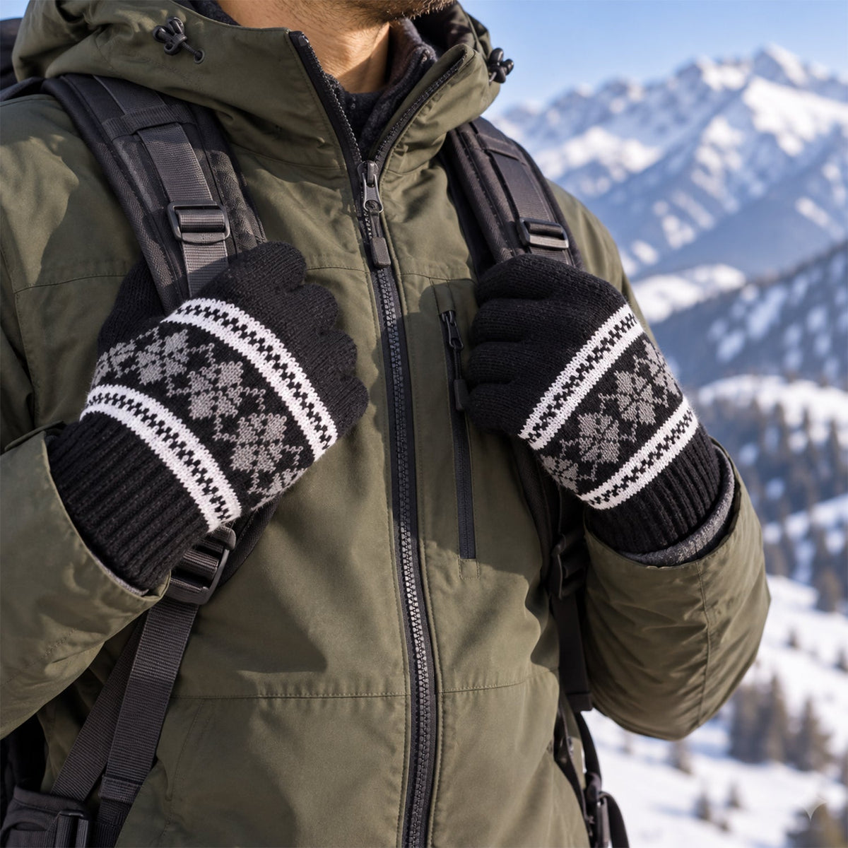 Person wearing black knitted gloves with white and gray snowflake pattern, hiking in snowy mountains.