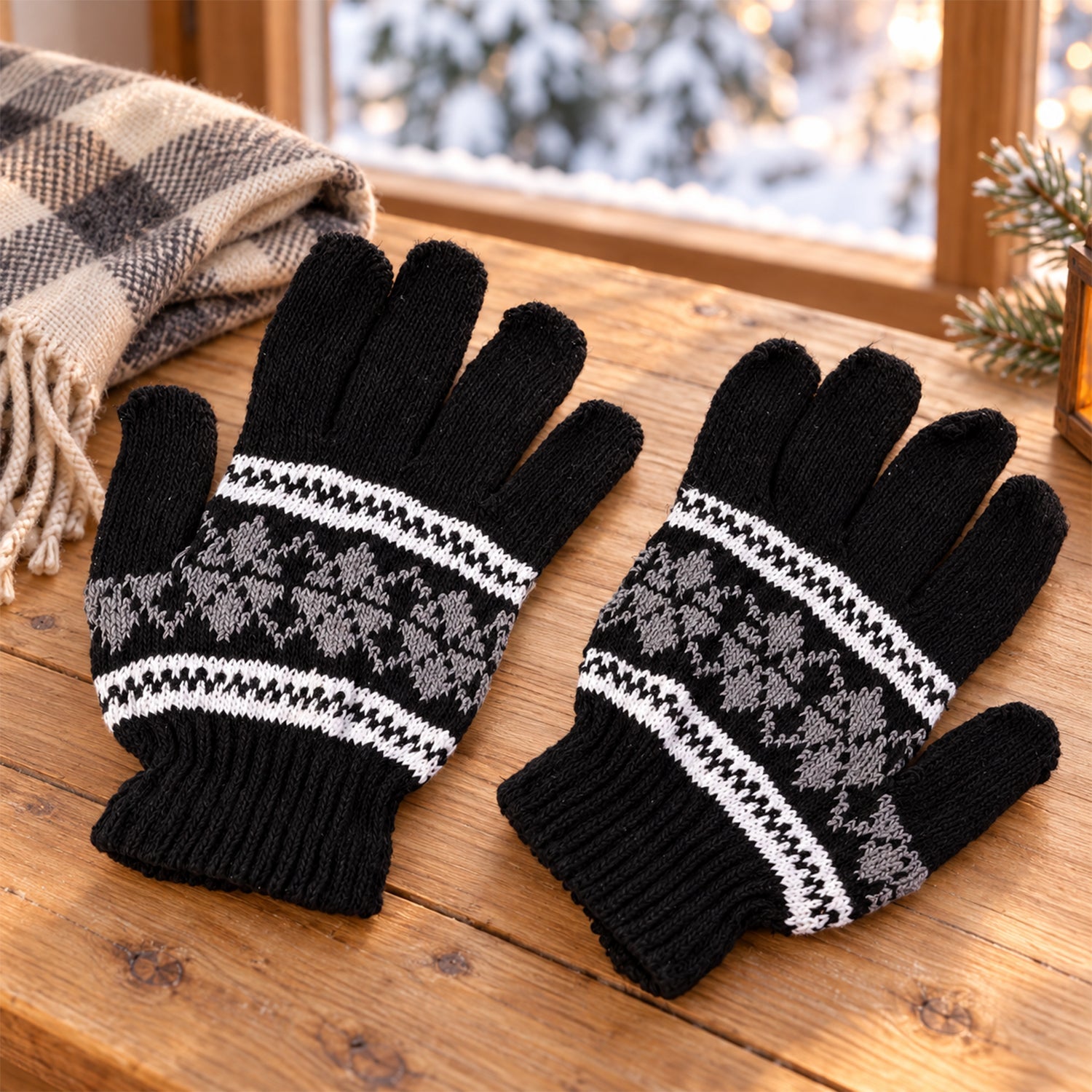 Pair of black knitted gloves with white and gray snowflake pattern on a wooden table with a plaid blanket.