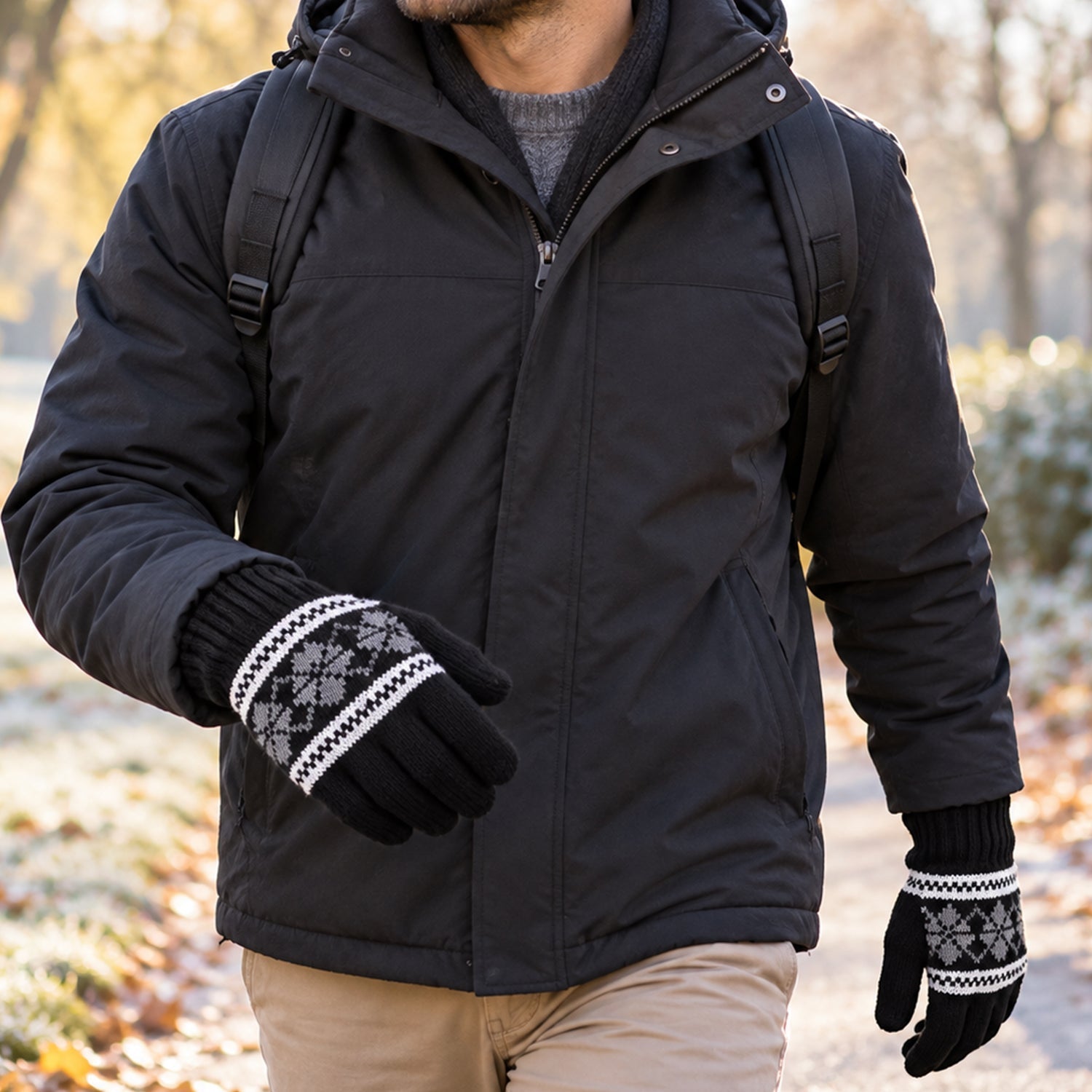 Person wearing black knitted gloves with snowflake pattern, walking outdoors on a path with fallen leaves.