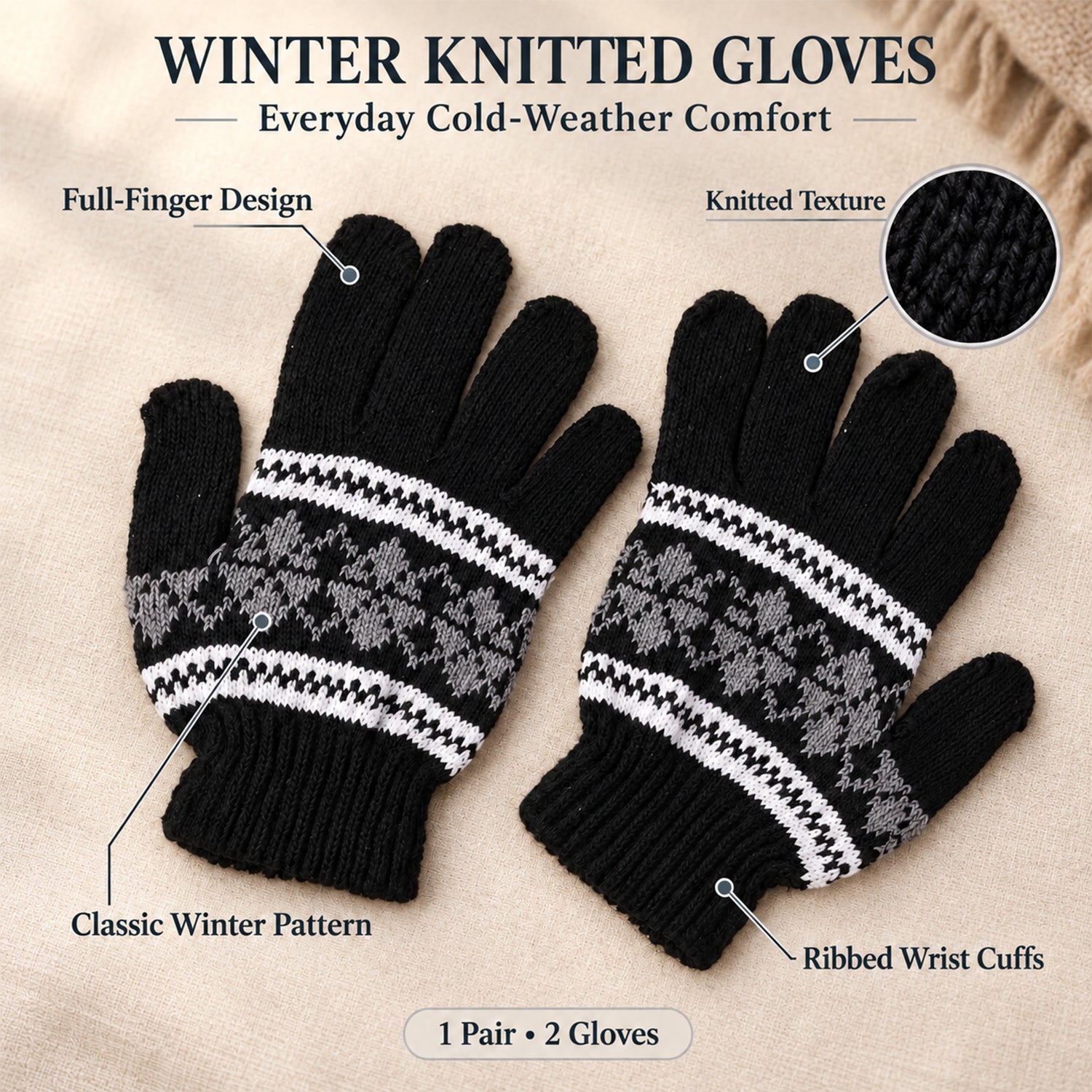Pair of black knitted gloves with snowflake pattern, showing details like full-finger design and ribbed cuffs.