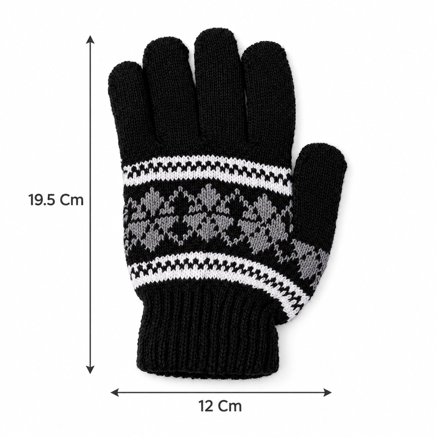 Single black knitted glove with white and gray snowflake pattern shown with its length and width measurements.