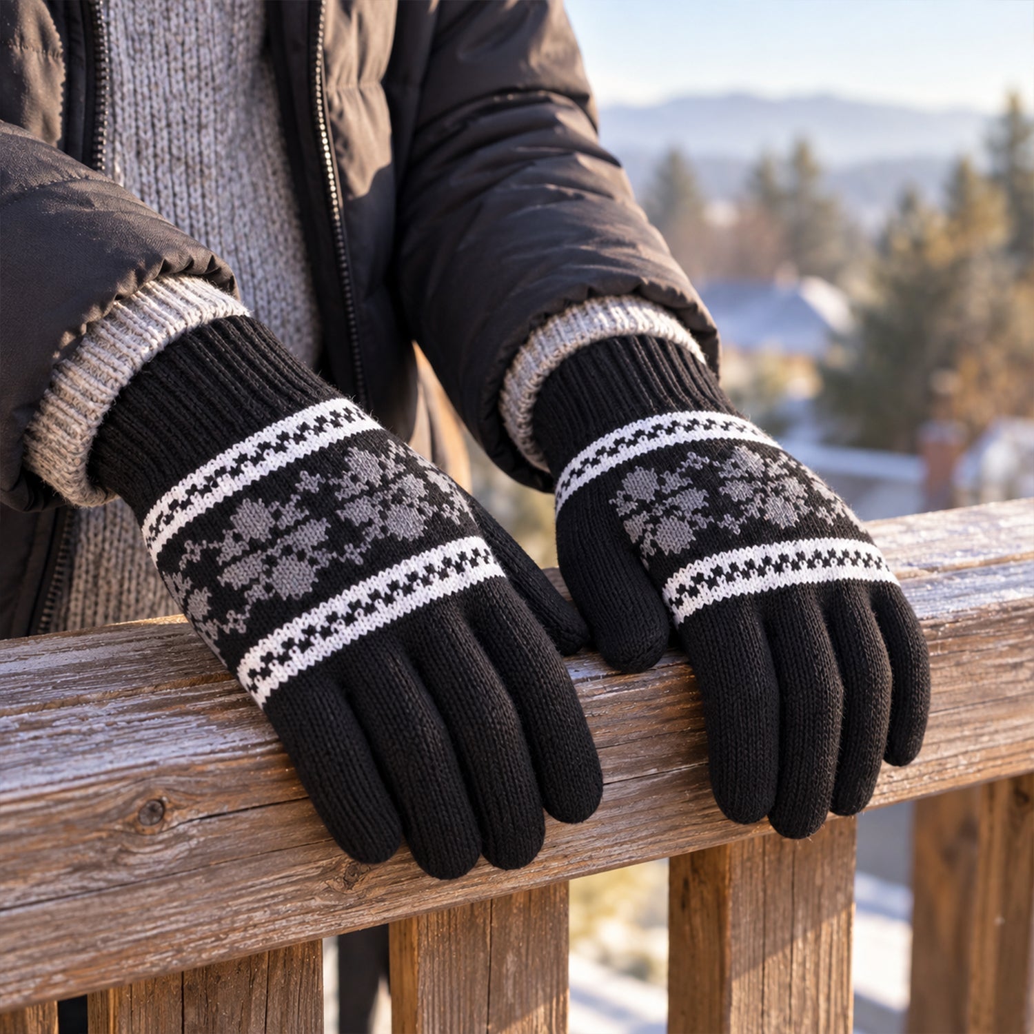 Person wearing black knitted gloves with a snowflake design, resting hands on a wooden railing in winter.