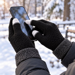 Close-up of hands in black knit gloves with gray cuffs, using a smartphone outdoors in a winter setting.