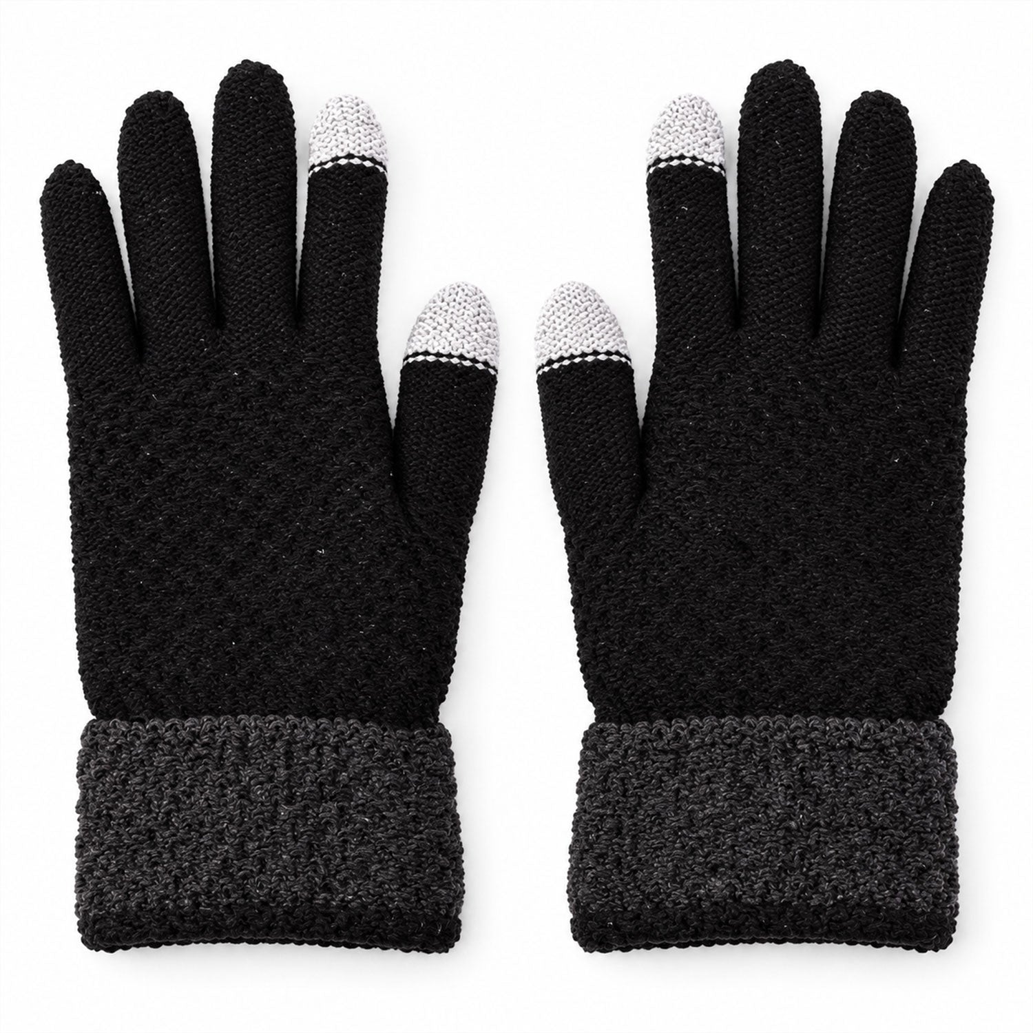 Pair of black knit gloves with gray ribbed cuffs and light gray touchscreen fingertips, displayed flat on a white surface.