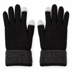 Pair of black knit gloves with gray ribbed cuffs and light gray touchscreen fingertips, displayed flat on a white surface.