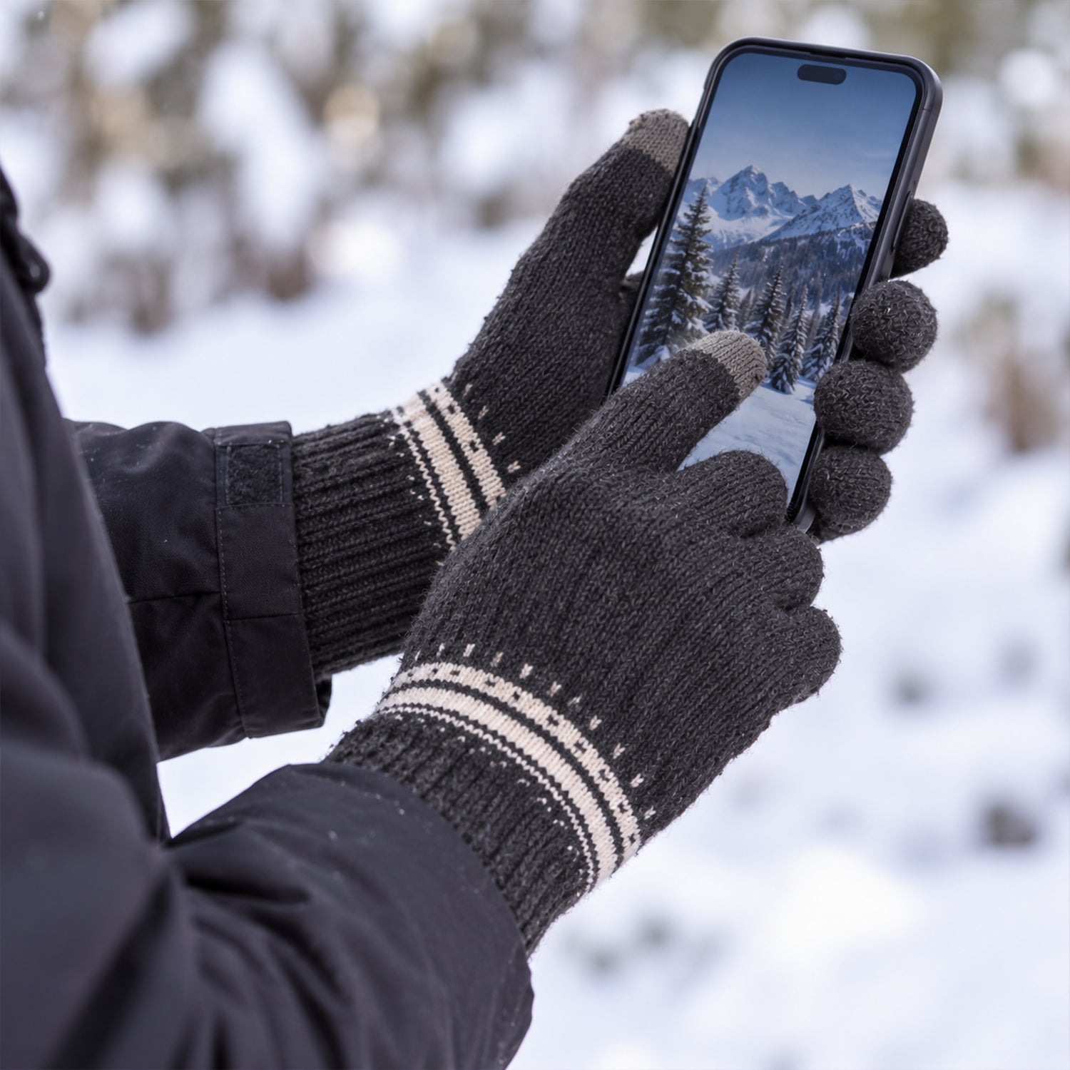 Hands wearing dark gray knitted gloves with white patterned cuffs using a smartphone in a snowy outdoor setting.