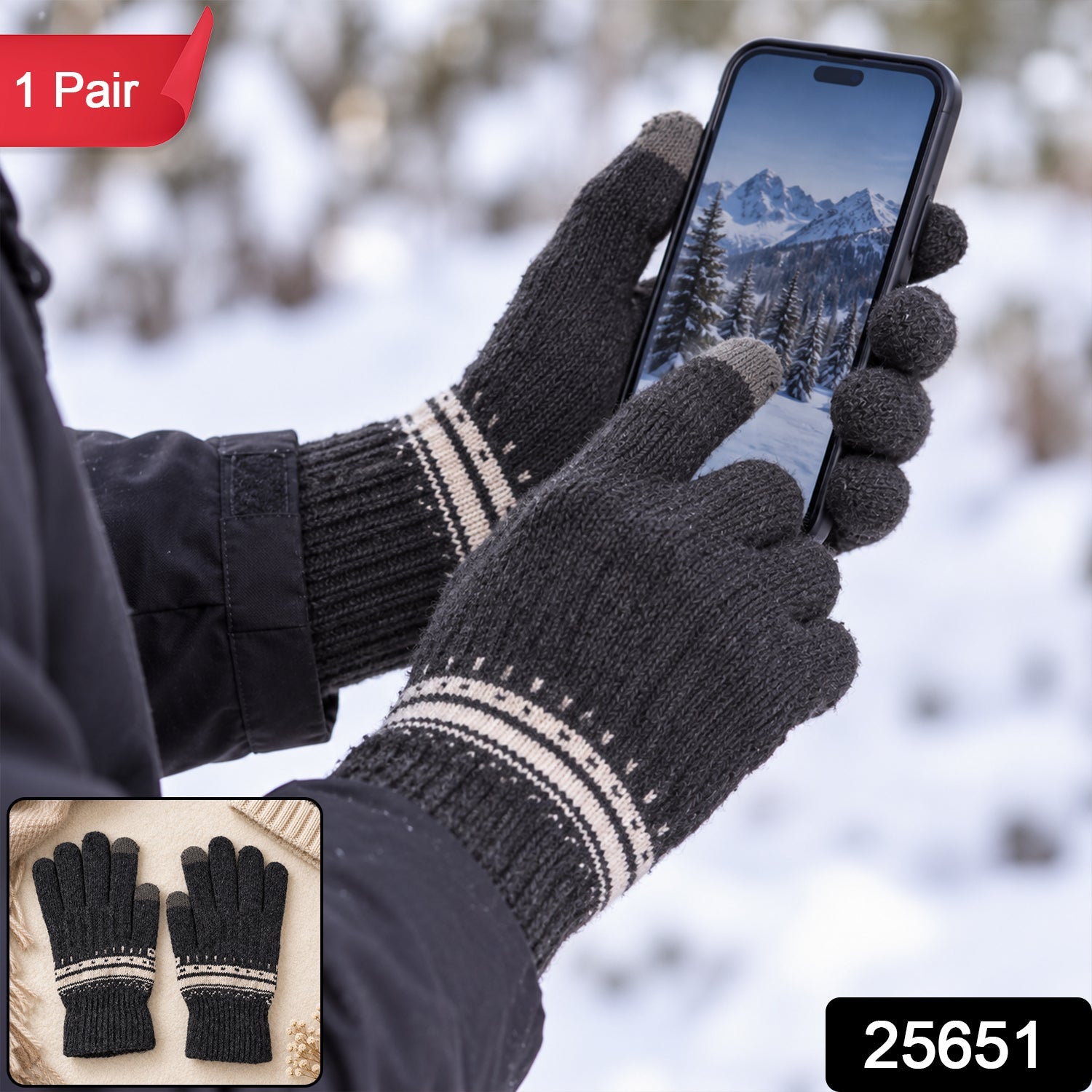 A person in dark gray knitted gloves with white patterned cuffs holds a smartphone, with a smaller inset showing the gloves.