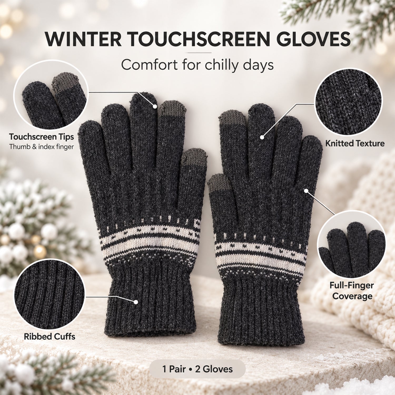 A pair of dark gray knitted gloves with white patterned cuffs, highlighting touchscreen tips, ribbed cuffs, and full-finger
