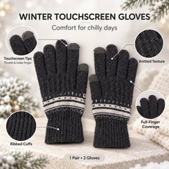 A pair of dark gray knitted gloves with white patterned cuffs, highlighting touchscreen tips, ribbed cuffs, and full-finger