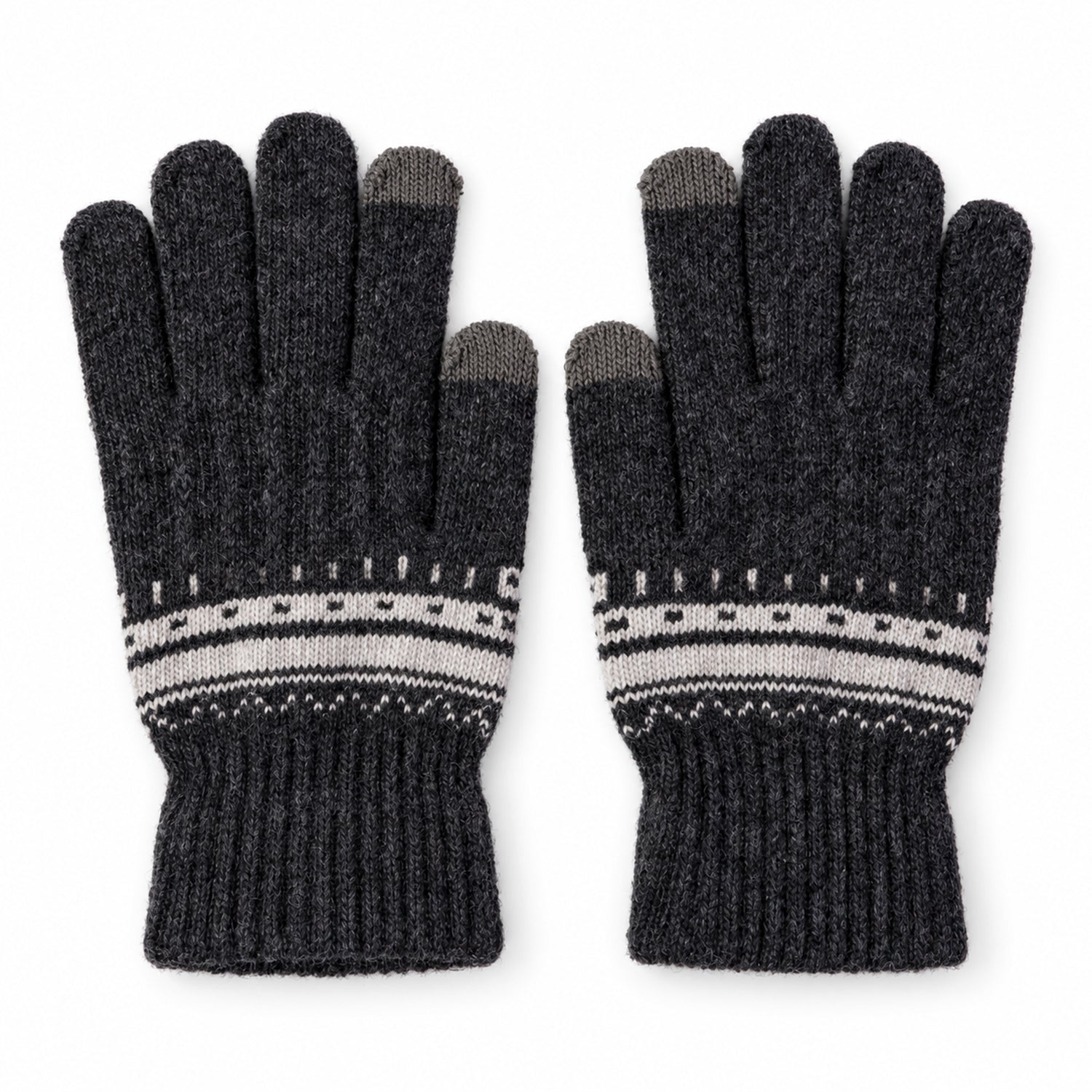A pair of dark gray knitted gloves with white patterned cuffs and gray touchscreen fingertips displayed on a white