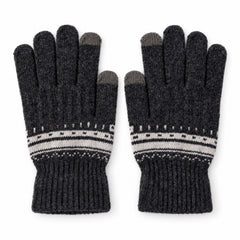 A pair of dark gray knitted gloves with white patterned cuffs and gray touchscreen fingertips displayed on a white