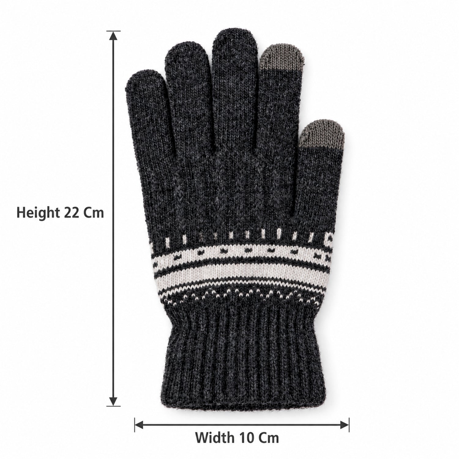 A single dark gray knitted glove with white patterned cuff and gray touchscreen fingertips, showing height 22 cm and width