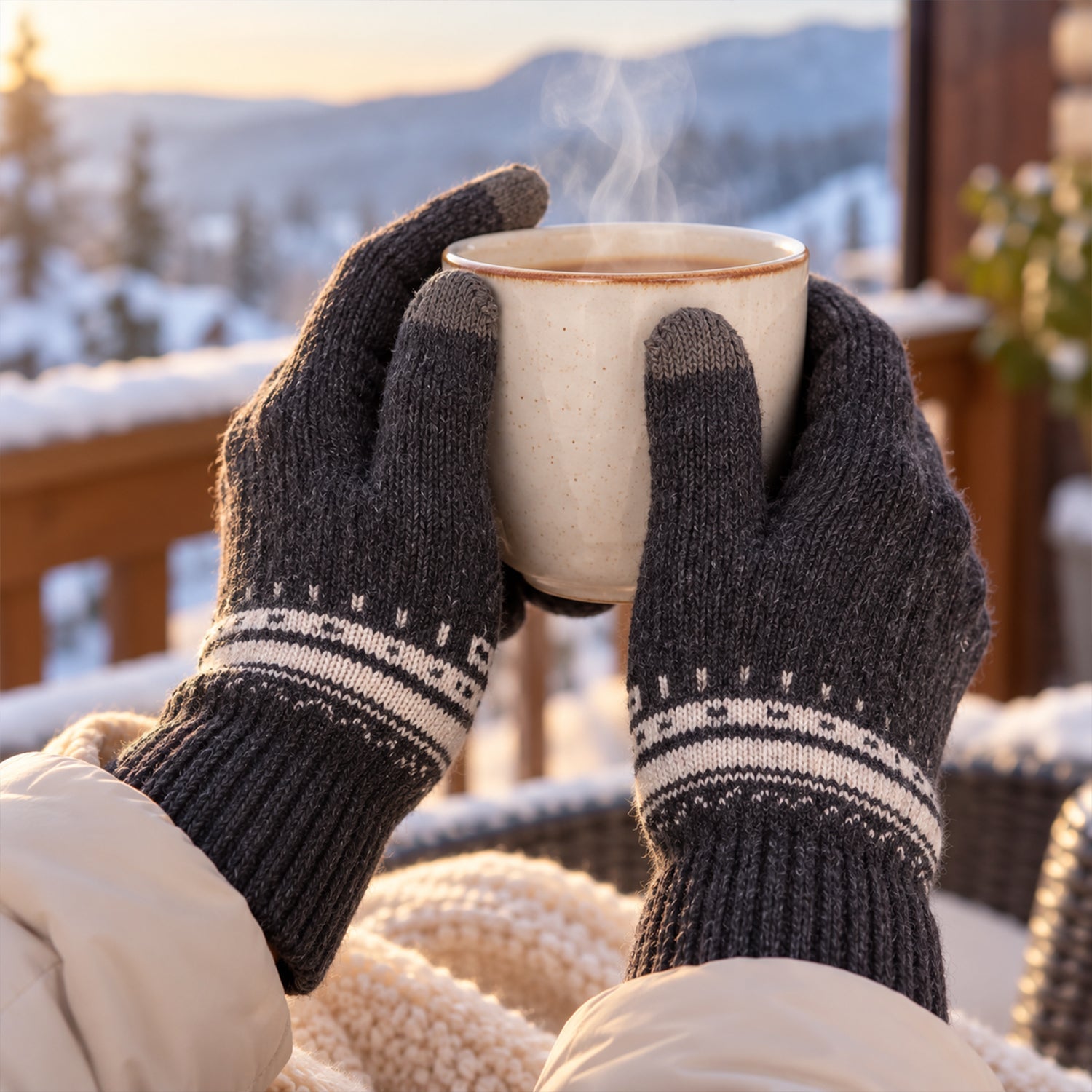 Hands in dark gray knitted gloves with white patterned cuffs hold a steaming mug on a snowy outdoor patio.