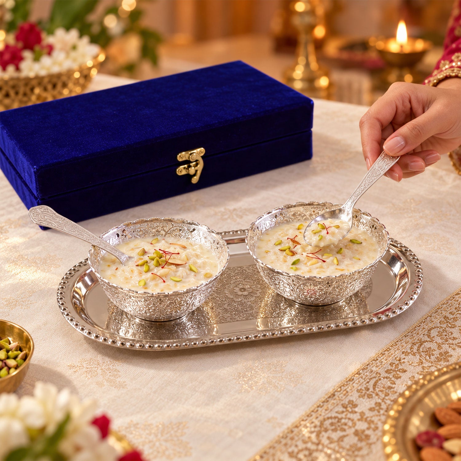 A hand holds a silver spoon above a bowl of dessert on an ornate silver tray, next to a blue velvet box.