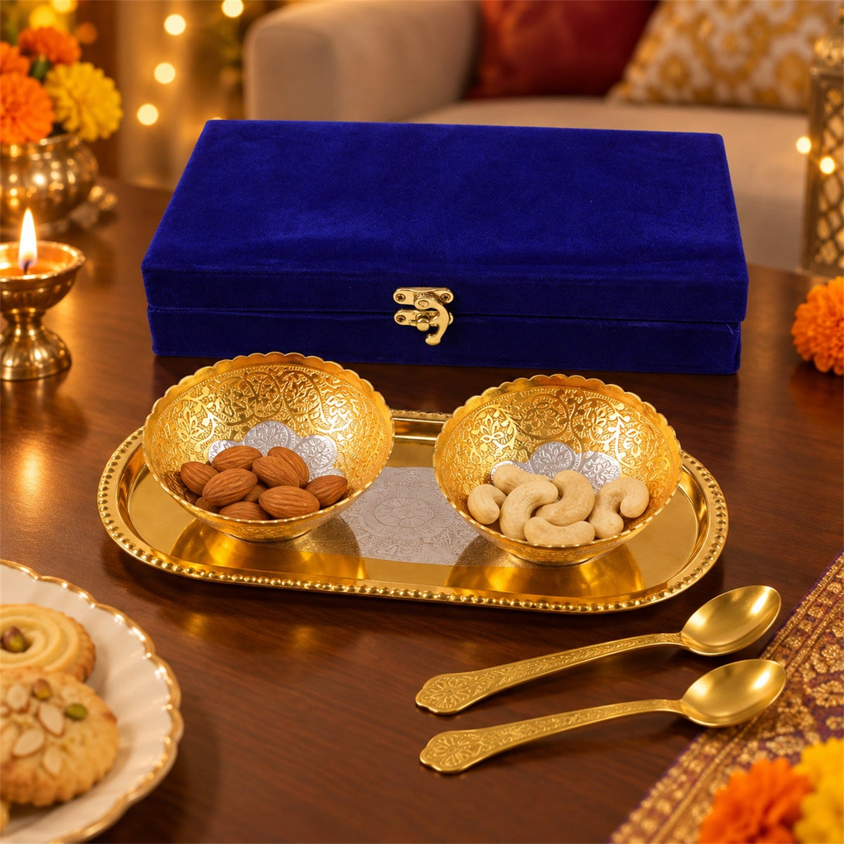 A blue velvet box, two golden bowls with almonds and cashews, a golden tray, and two small spoons on a wooden table.
