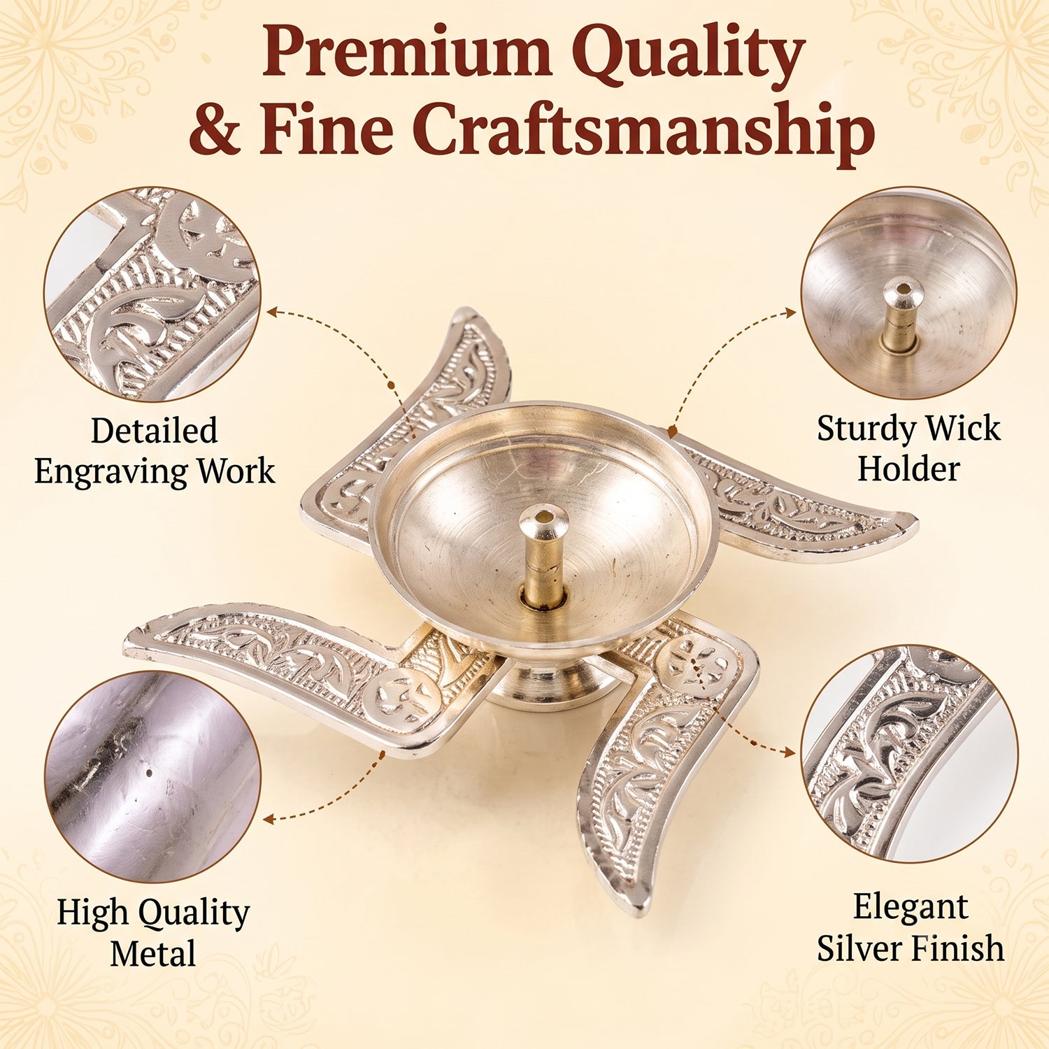 A silver swastik diya is shown with callouts highlighting its detailed engraving, wick holder, and metal quality.