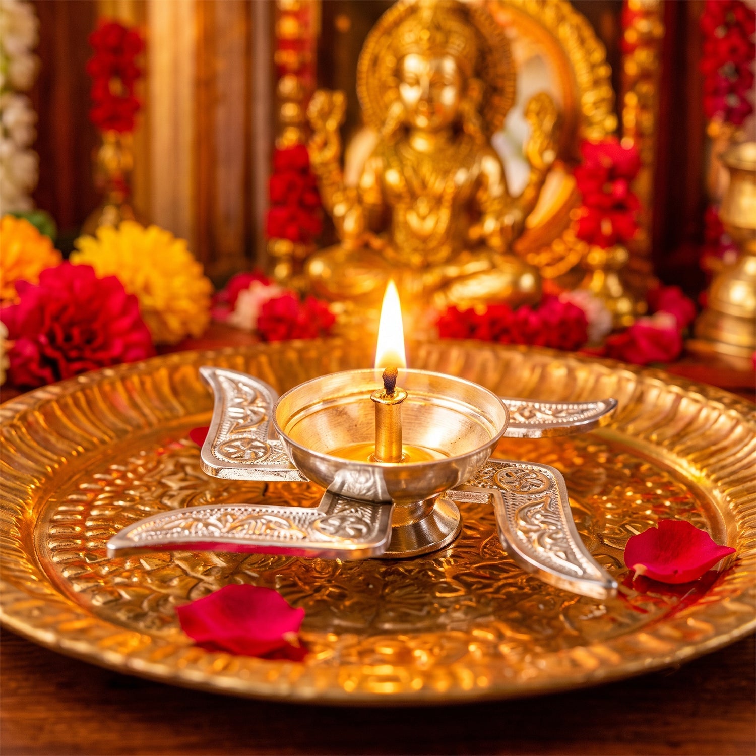 A lit silver and brass swastik diya sits on a decorative golden plate, surrounded by red rose petals.