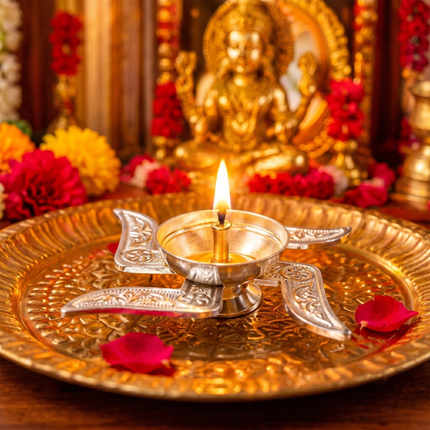A lit silver Swastik diya with a golden bowl and flame rests on a golden tray with rose petals, in front of a deity statue.