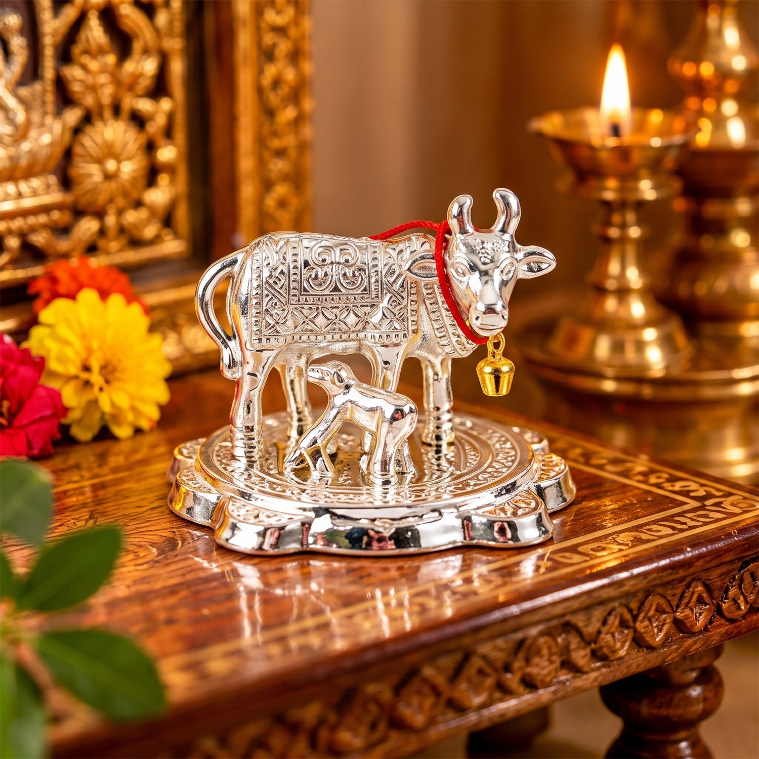 A close-up of the silver Kamdhenu cow and calf idol on a wooden surface with a lit lamp nearby.