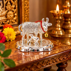 A close-up of the silver Kamdhenu cow and calf idol on a wooden surface with a lit lamp nearby.