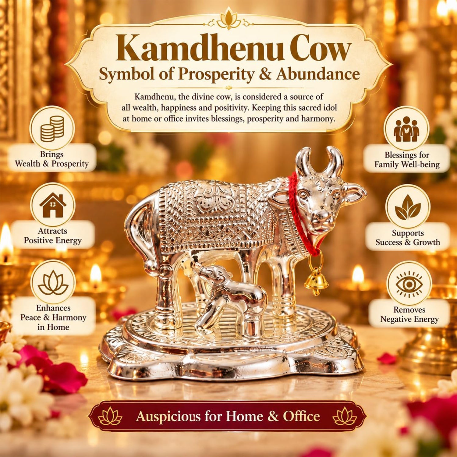 The silver Kamdhenu cow and calf idol on a marble surface, surrounded by text about its symbolism.