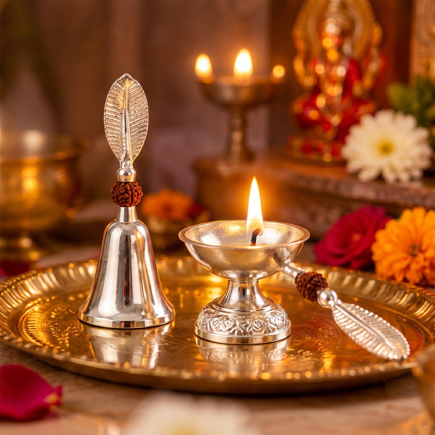 A silver finish pooja bell and lit diya set with leaf handles and rudraksha beads, on a golden brass tray.